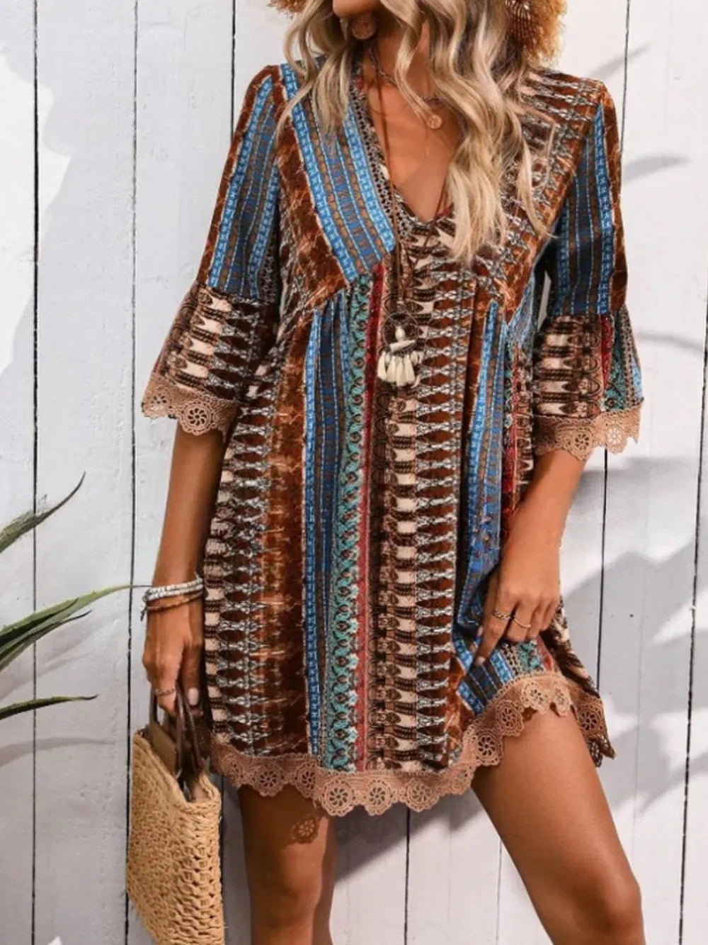 Lace Trim Printed V-Neck 3/4 Sleeve Dress Brown 1c1d4ff9-259f-4233-8b46-b9dde35b9fbf-Max