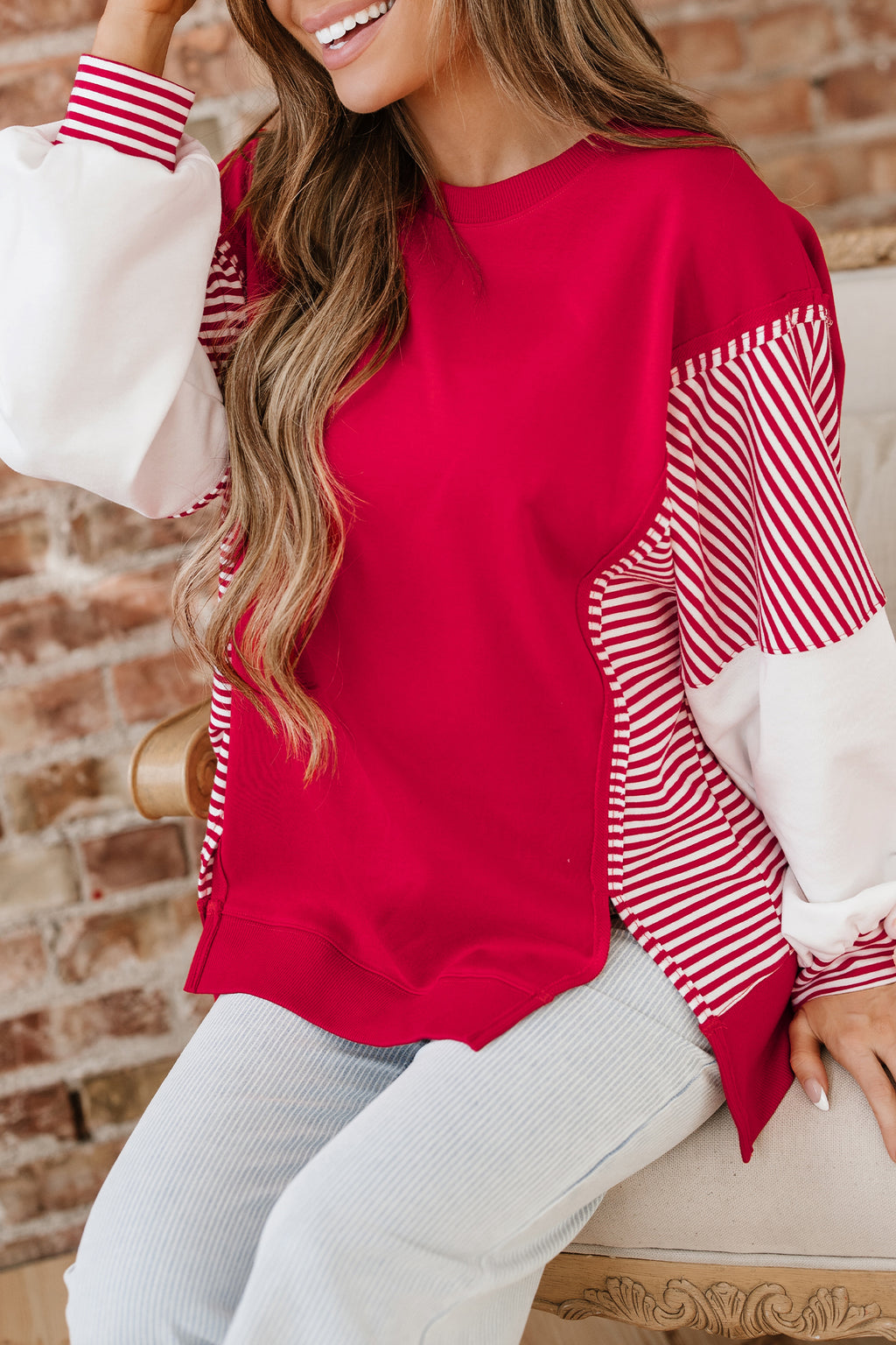 Racing Red Striped Patchwork Sleeve Colorblock Sweatshirt 1c234947aa5e7a23