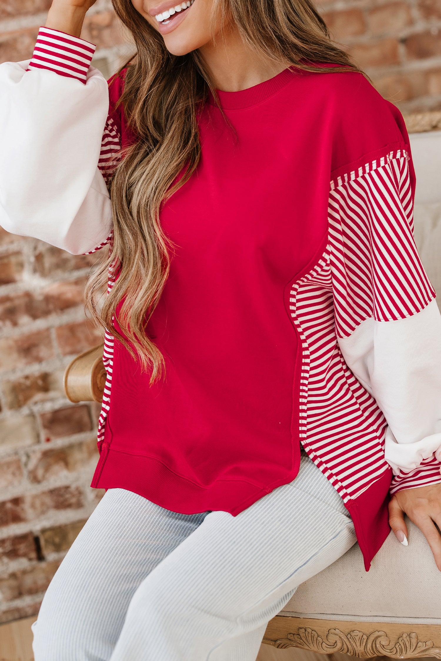 Racing Red Striped Patchwork Sleeve Colorblock Sweatshirt 1c234947aa5e7a23