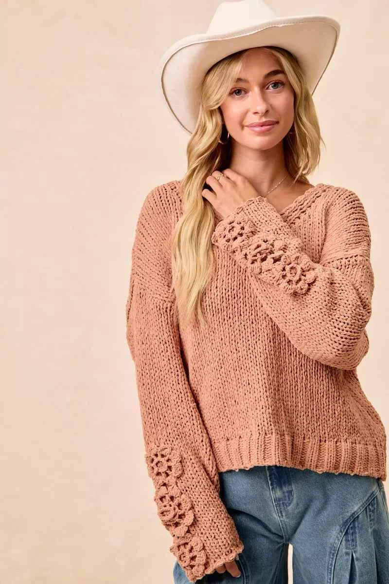 BiBi Chunky Knit Sweater with Flower Detail Sleeves 1c238f136f1042fdbe763c437aa000db-Max-Origin