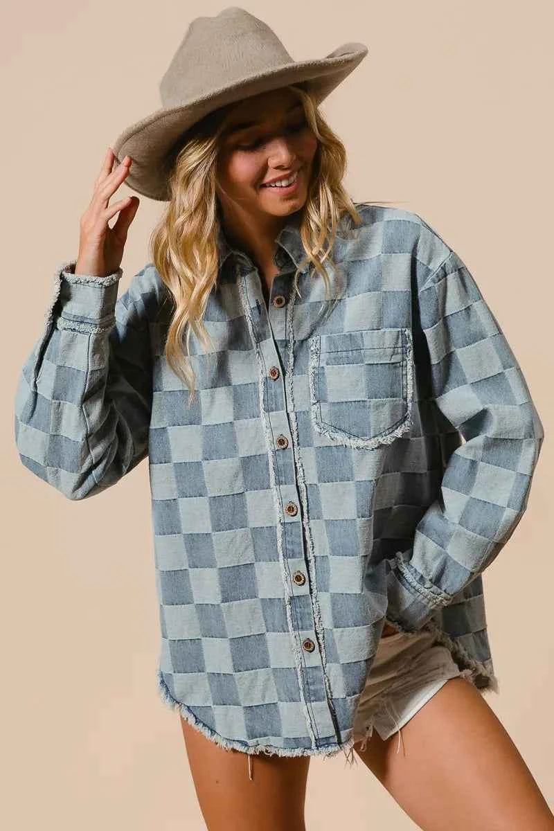 BiBi Frayed Edged Detail Washed Checker Denim Shirt 1c2d383e52024206a2c12fb06c806a3b-Max-Origin