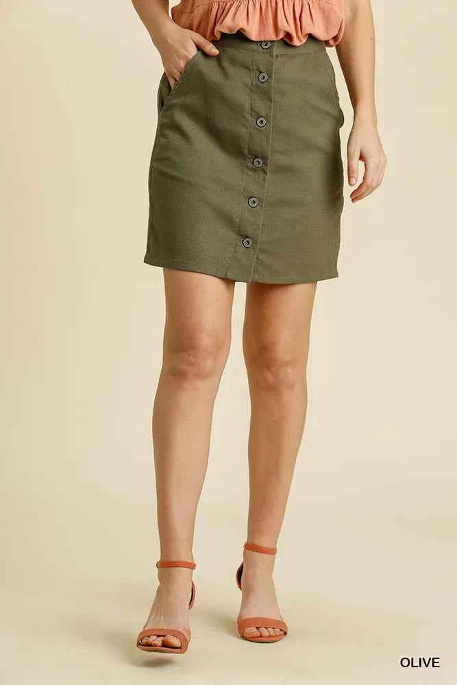 Umgee Button Down Skirt with Pockets Olive 1c376990-ec78-4659-9a58-5b2ae481071f-Max-Origin