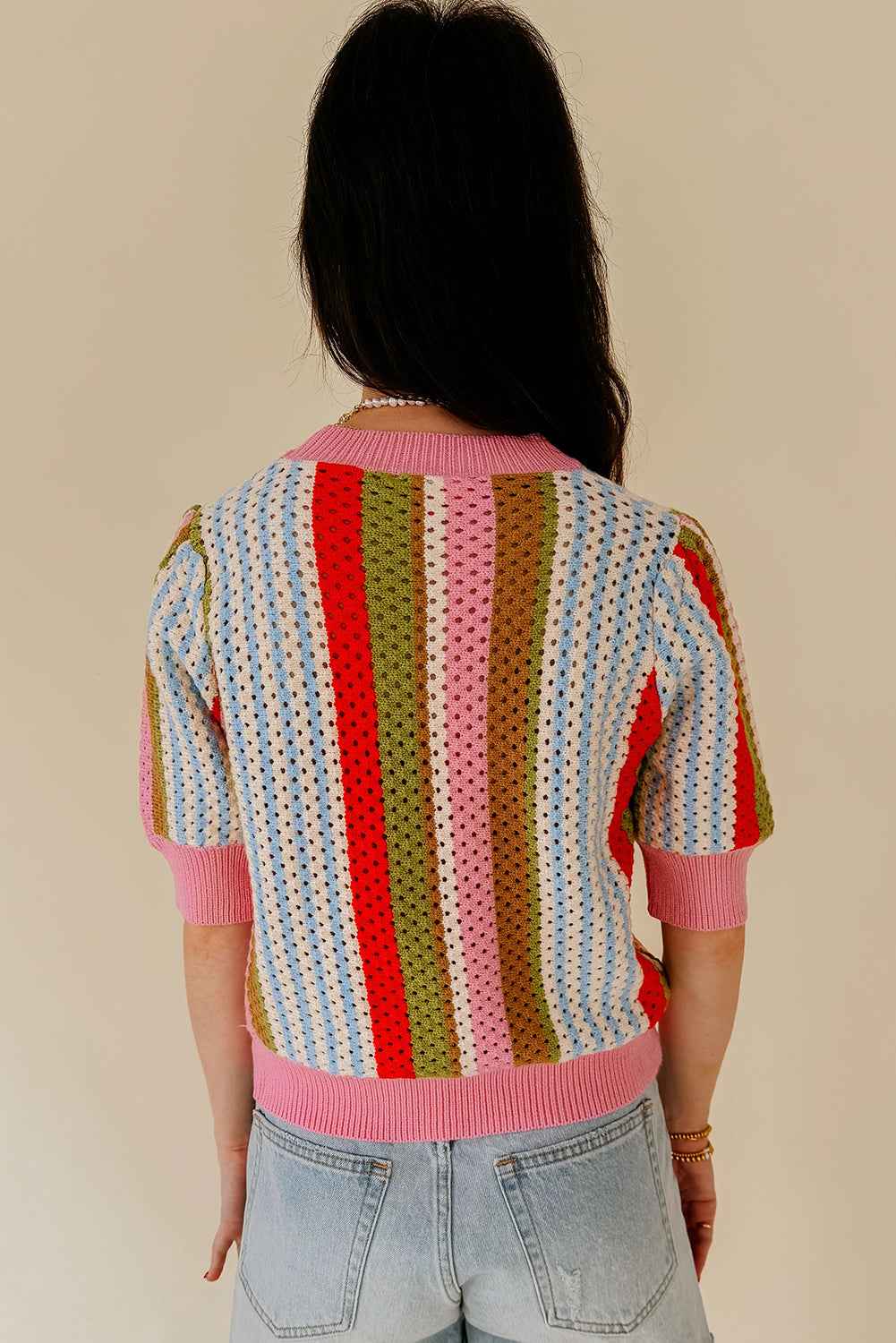 Multicolour Striped Pointelle Knit Short Sleeve Sweater 1c39caee24d7b4cb