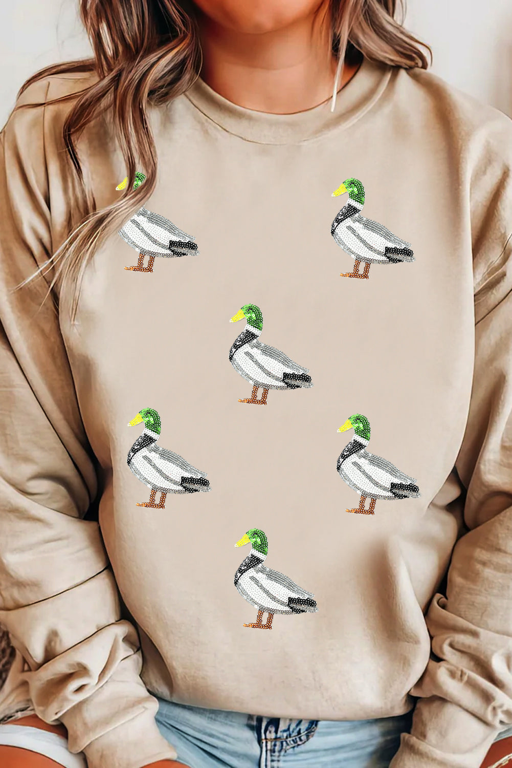 Khaki Sequin Mallard Duck Graphic Sequins Patch Baggy Sweatshirt 1c3cfbb66256cbf0