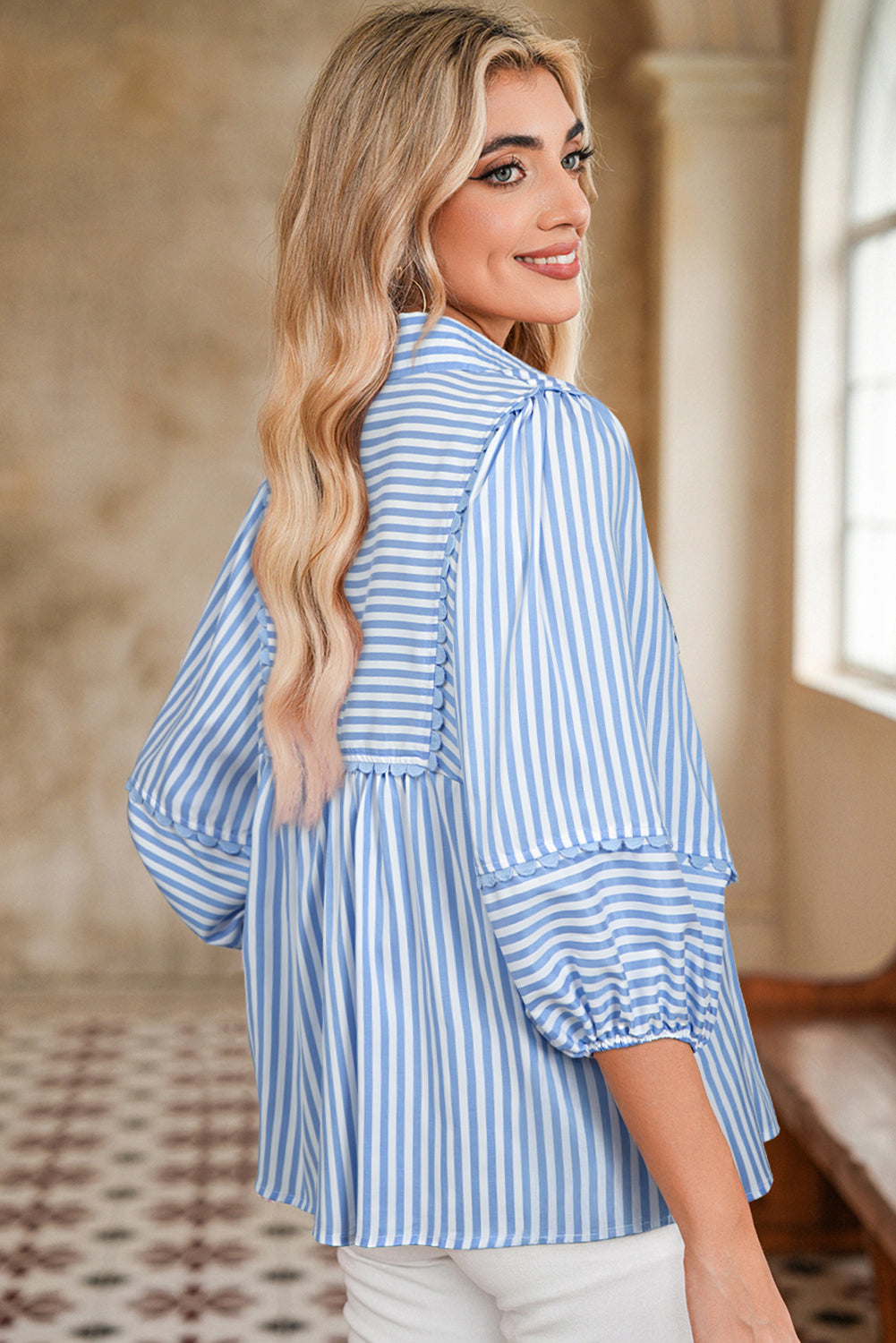 Sky Blue Striped Ric Rac Trim Collared V Neck Blouse 1c3d89aefb7552b8