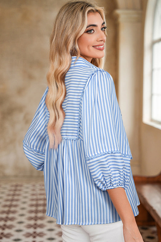 Sky Blue Striped Ric Rac Trim Collared V Neck Blouse 1c3d89aefb7552b8
