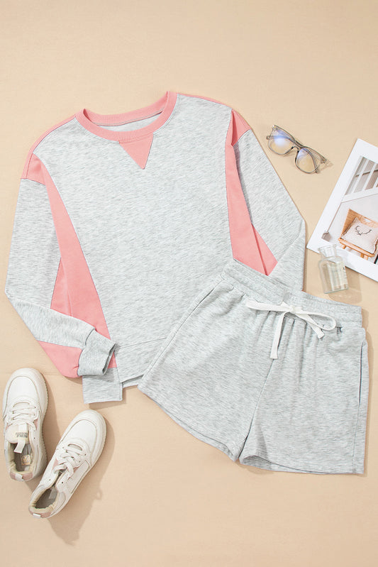 Light Grey Colorblock Raw Hem Pullover and Shorts Set 1c3df7fbf051e19f