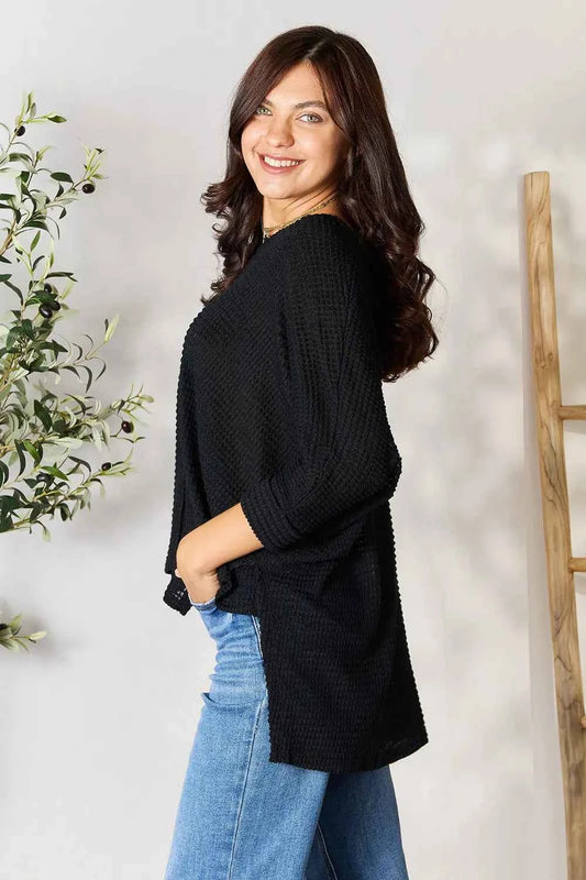 Full Size Round Neck High-Low Slit Knit Top 1c42746872424c42adac8e90b411499d-Max