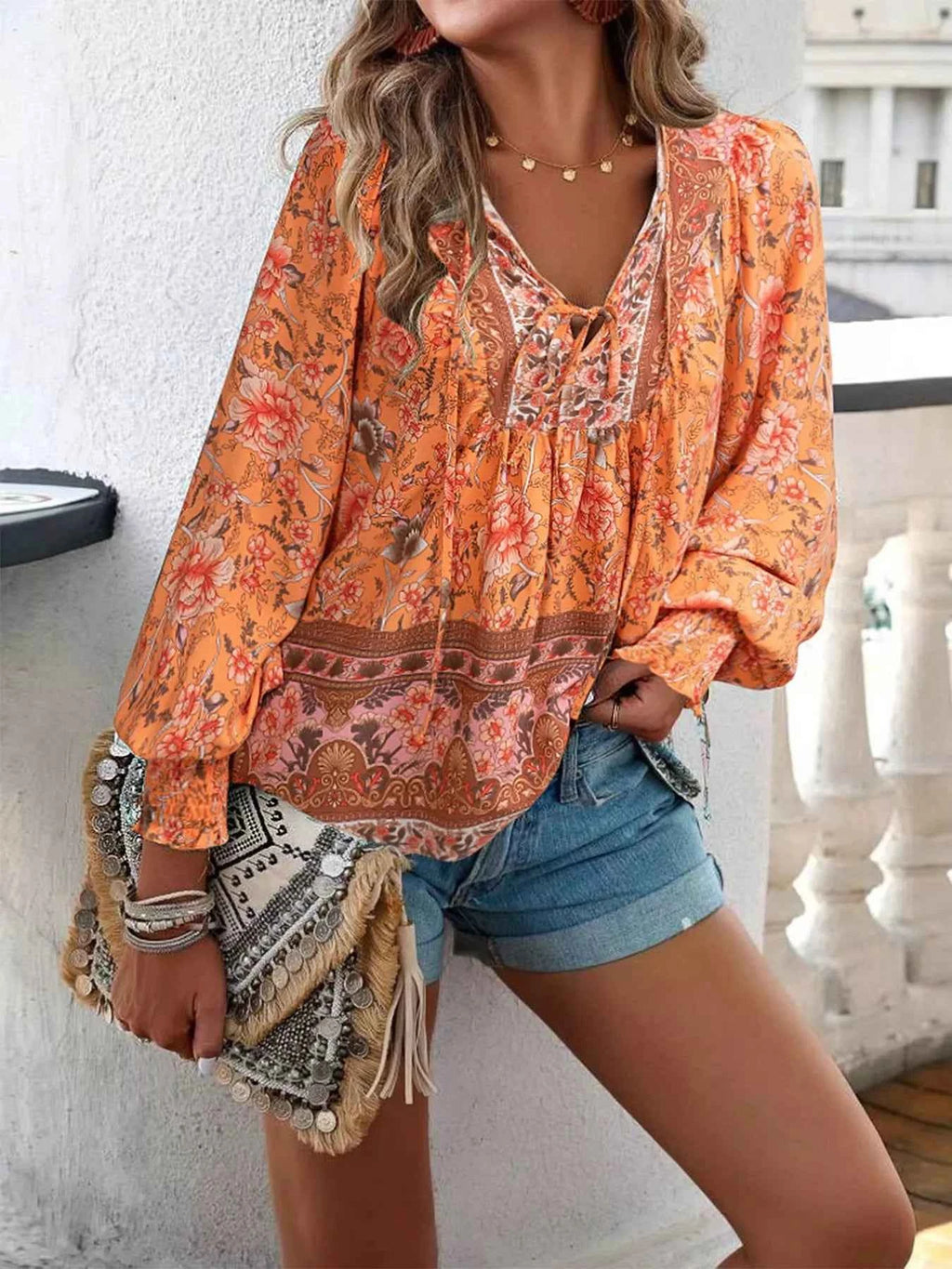 Floral Print Tie Neck Bohemian Blouse 1c4438f4-3d0f-4696-a625-582ae999d257-Max-Origin