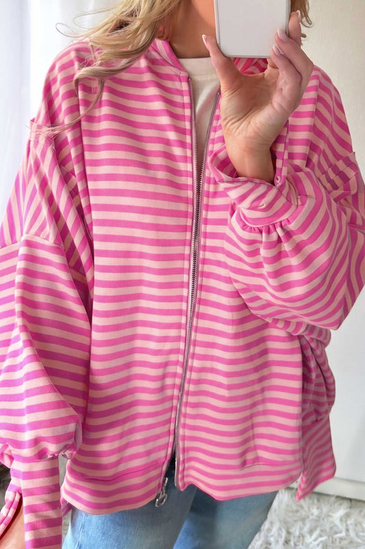 Pink Stripe Zip-up Puff Sleeve Zip Jacket Sweatshirt 1c47f1c309df978f