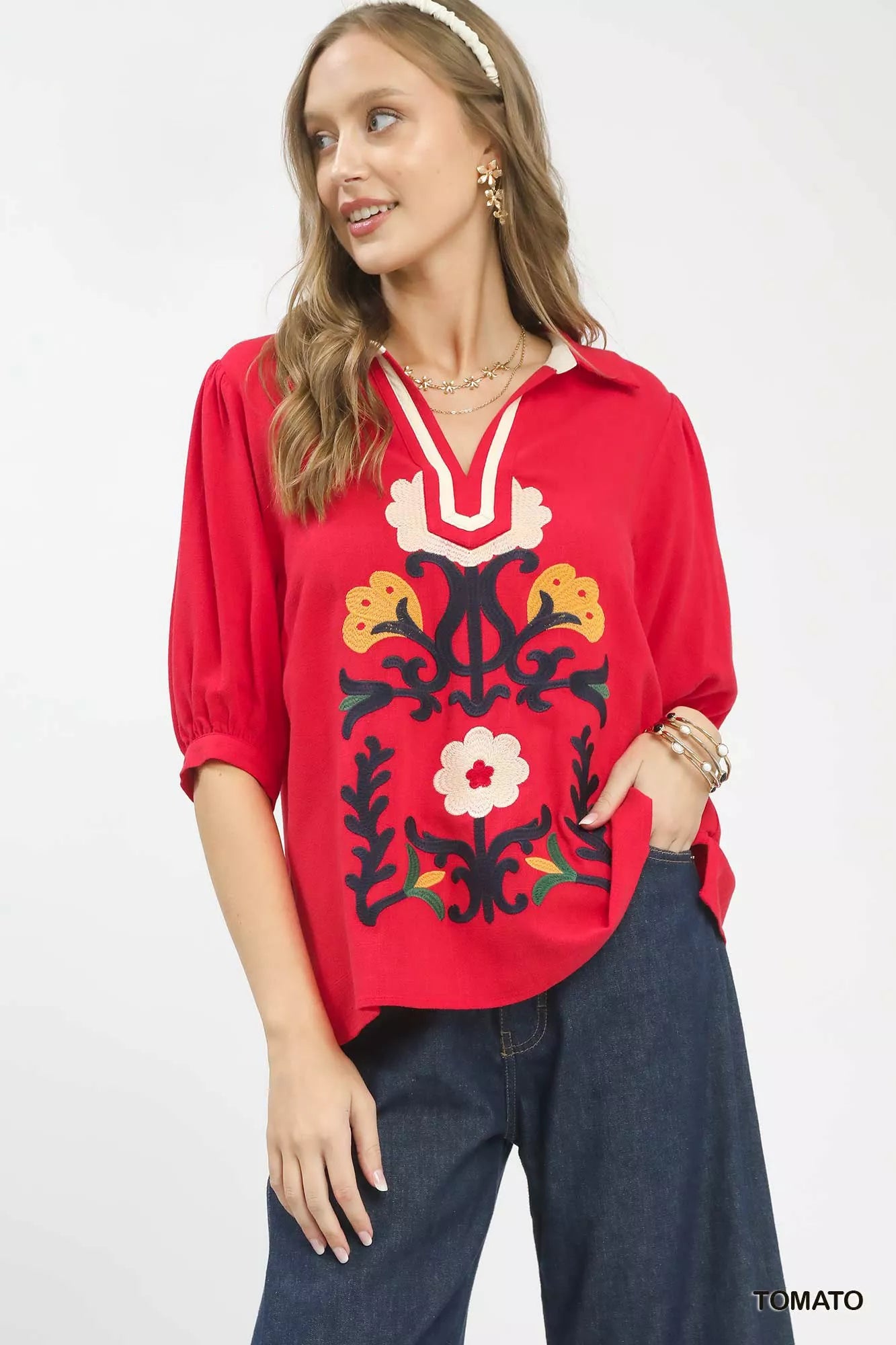 Umgee Mixed Media V-Neck Print Blouse TOMATO 1c4c7381-0cd8-47eb-9306-6190c79dc1fd-Max-Origin