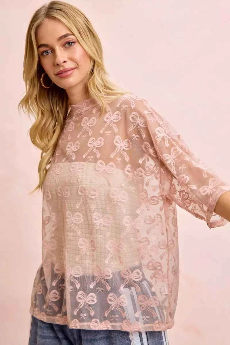 BiBi Bow Pattern Short Sleeves Boxy Mesh Top 1c5057ffa8d4446aa79dc09c99bf102e-Max-Origin