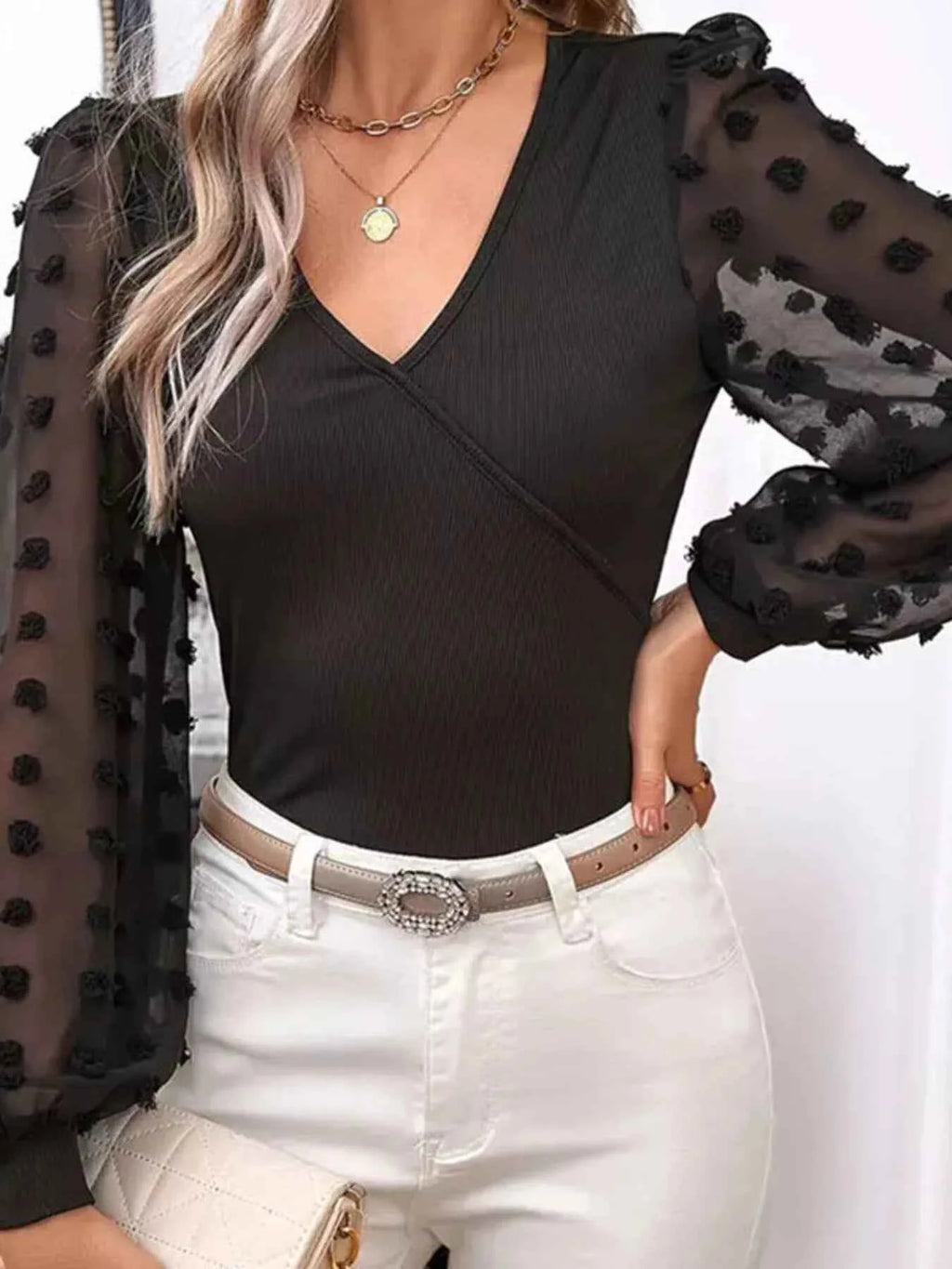 Mesh Sleeve Ribbed V-Neck Top 1c56caf4647743e2895e2630804c2beb-Max-Origin