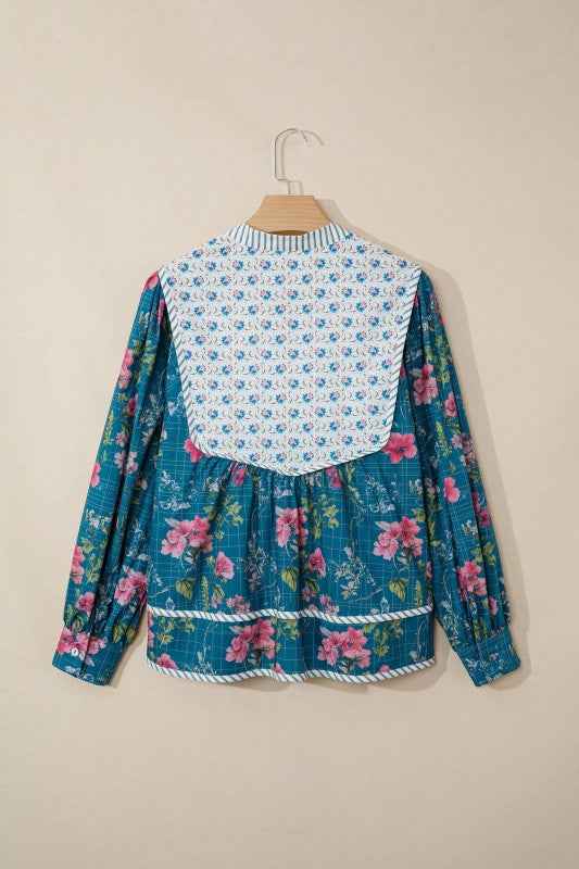Floral Stripe Patchwork Long Puff Sleeve Blouse 1c5c6714-e996-465c-b800-d042d47fdac9