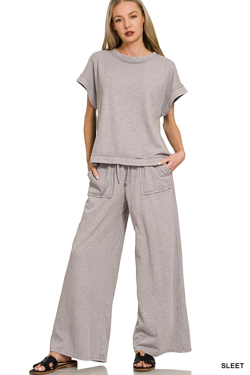 Zenana Washed Slub Short Sleeve Tee & Long Pants Set SLEET 1c5d88c6f6d14ce3885a4c5a79bdca7a-Max