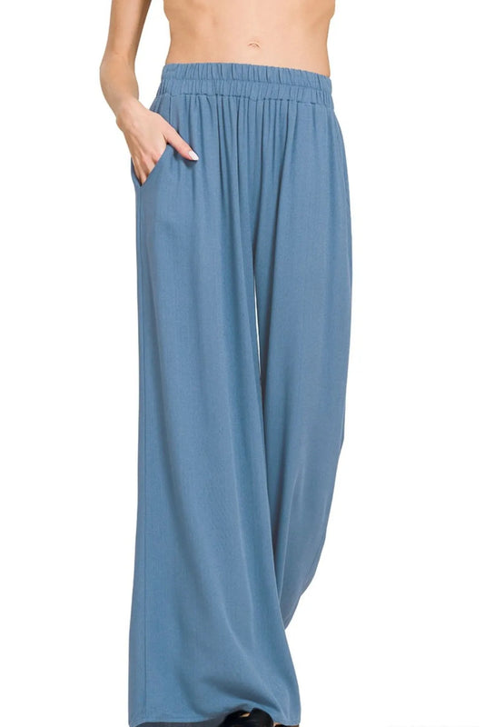 Zenana Elastic Band Woven Pants With Pocket DUSTY BLUE