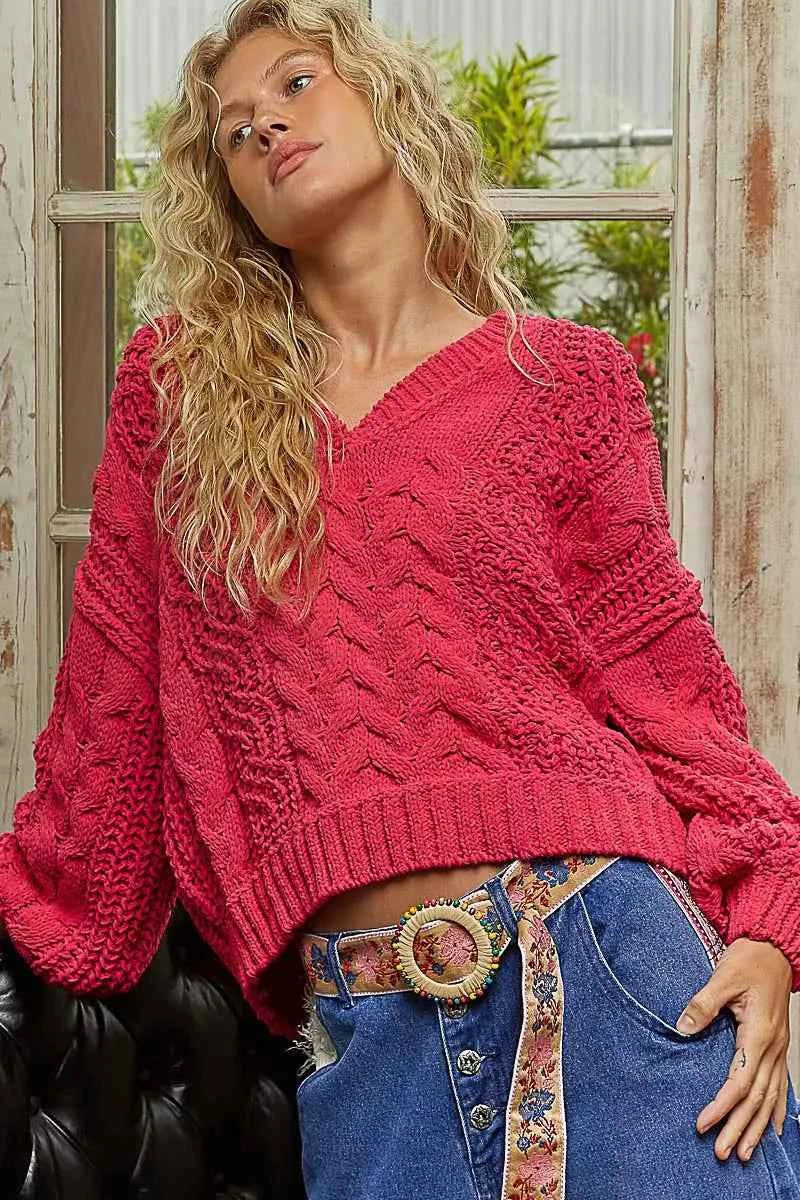 Cable-Knit Solid V-Neck Cropped Sweater 1c692732-f368-4bf8-8526-964442d90910-Max-Origin