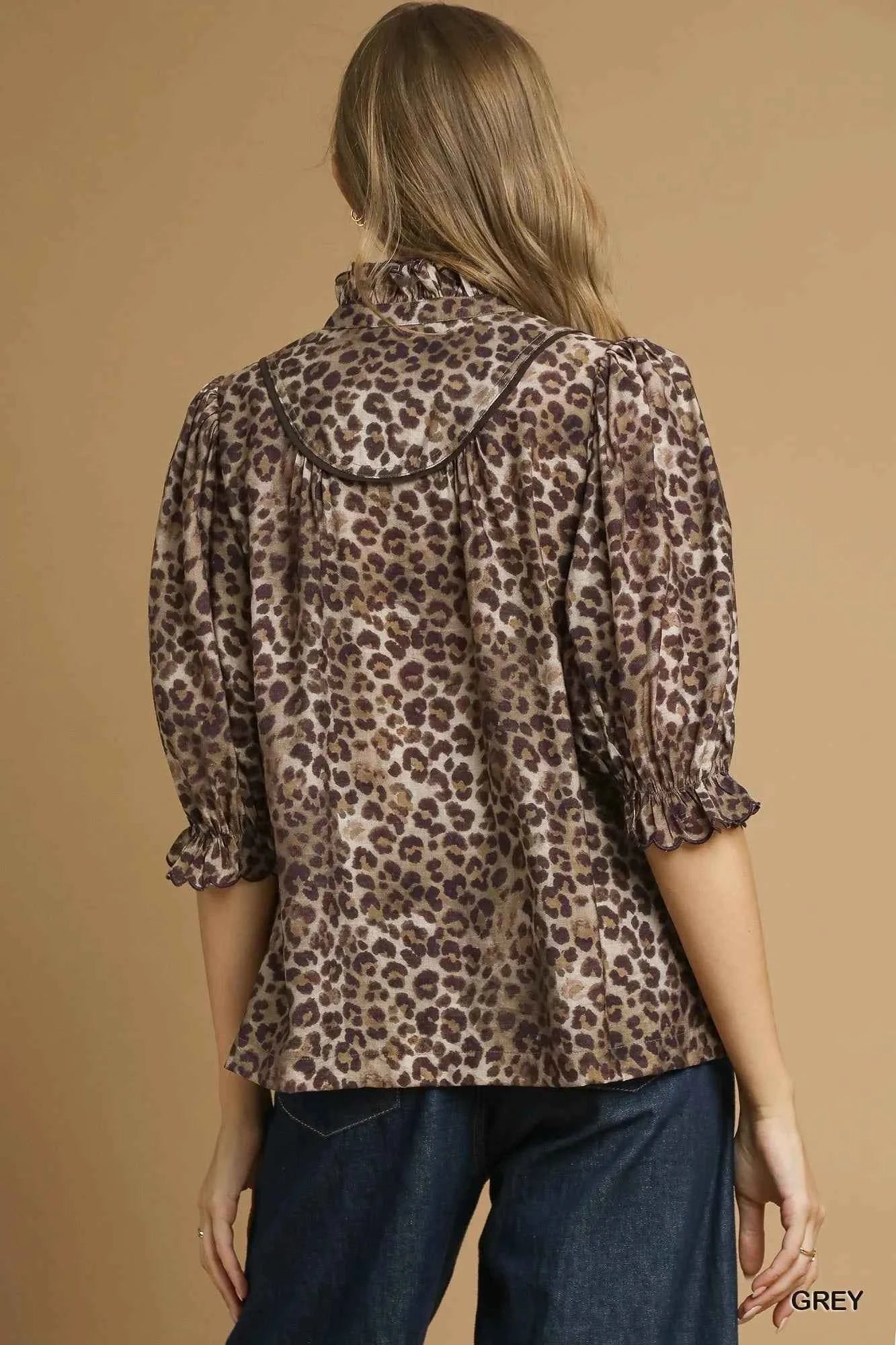 Umgee Leopard Print Ruffle Neck Blouse 1c6e0732-32e4-4cc6-b0f7-157a71d0739d-Max-Origin
