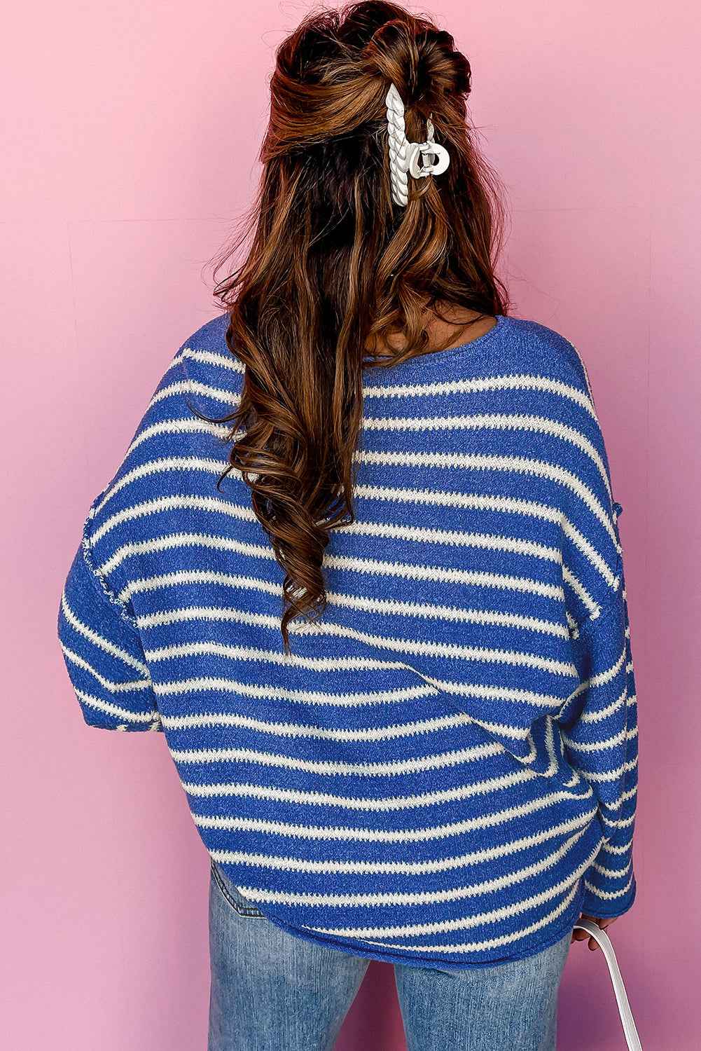 Green Stripe Casual Stripe Round Neck Drop Shoulder Sweater 1c7301a8943b9986