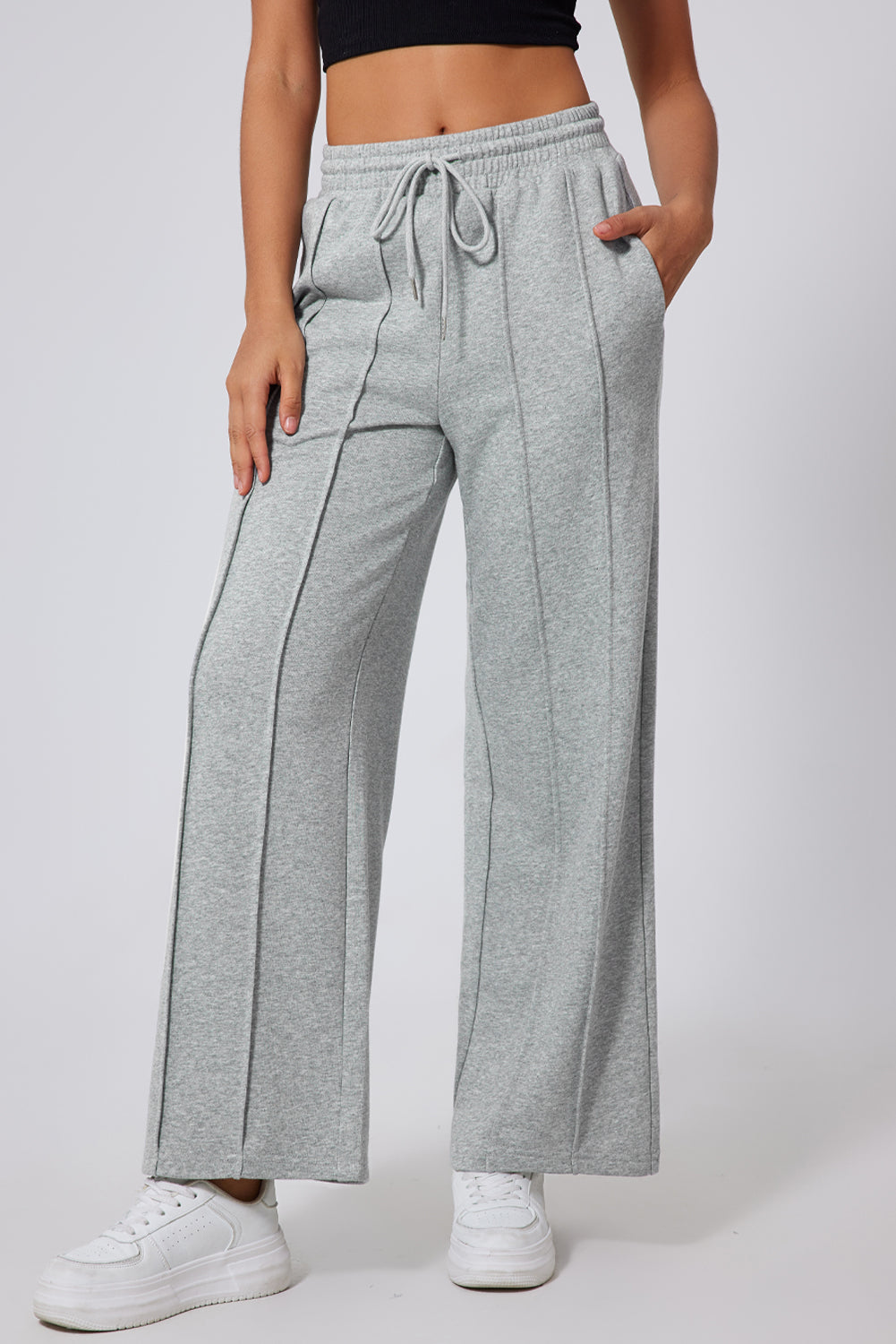 Gray Seamed Drawstring High Waist Wide Leg Sweatpants 1c760140dcfce766