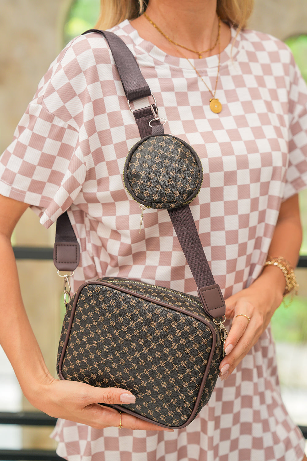 Coffee Geometric Pattern Shoulder Bag With Coin Purse 1c7678bcddfd1365