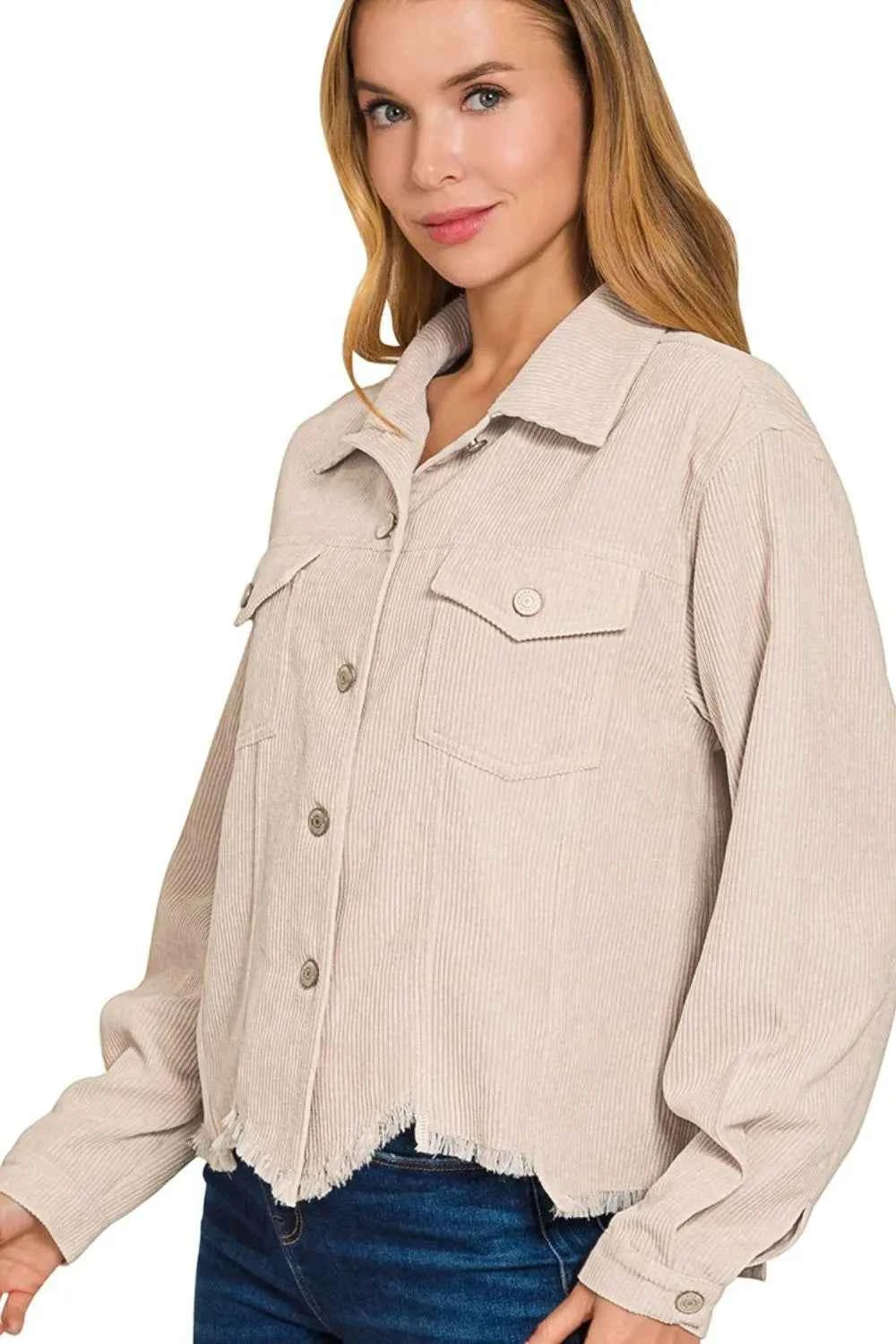 Zenana Distressed Corduroy Frayed Hem Cropped Jacket 1c79948c-d36e-4df3-92cf-12674a90a39a-Max-Origin