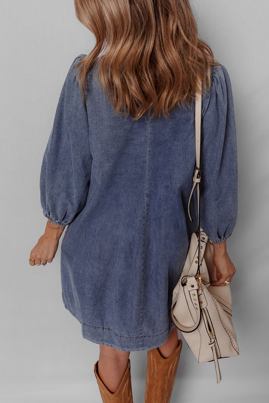 Sail Blue Pleated V Neck 3/4 Sleeve Denim Mini Dress 1c80bb0d66c0005b