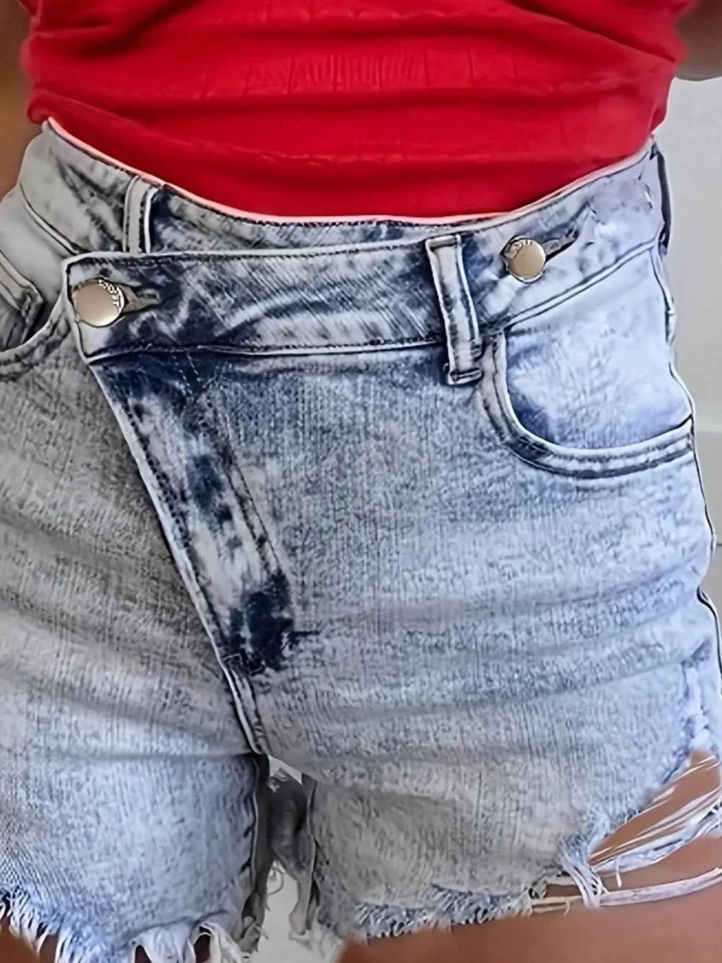 High Waisted Distressed Denim Shorts with Frayed Hem 1c8513d4-f04b-47dc-9b72-a0b9aef45bf3-Max-Origin