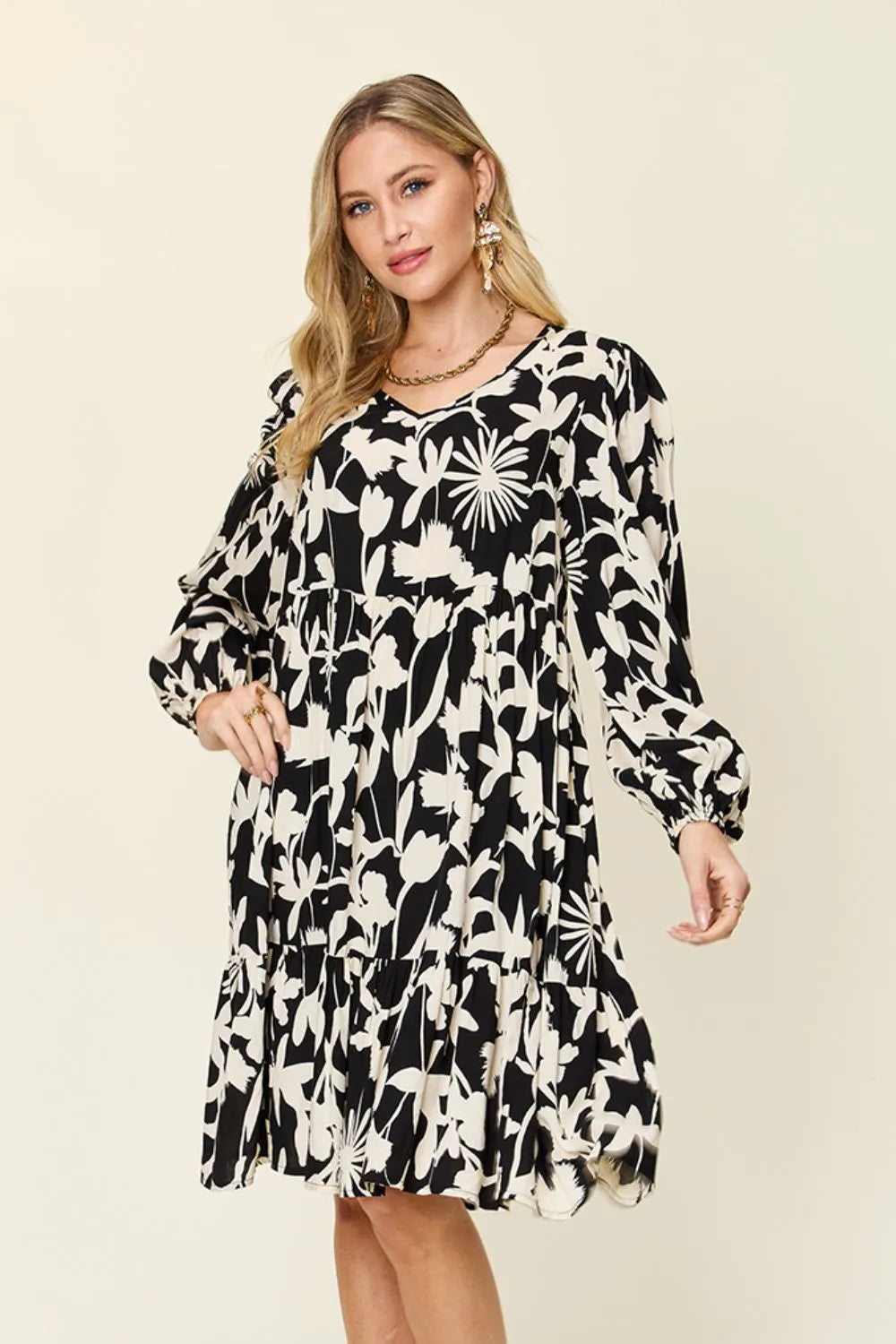 Double Take Full Size Printed Ruffle Hem Dress with Pocket Black 1c894d5e-24c9-4b2d-bce1-af7502c0e84e-Max