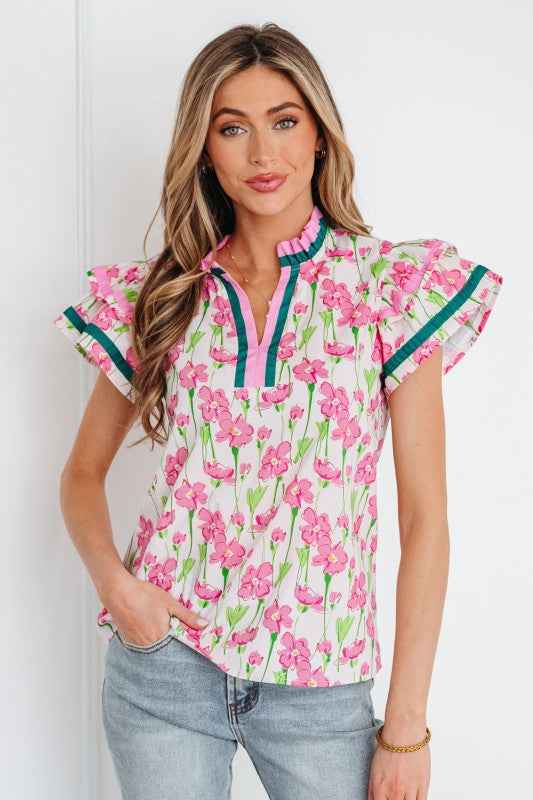 Floral Contrast V-Neck Ruffle Short Sleeve Blouse Pink 1c8a99af-1389-466c-8b46-19ded4c6f683