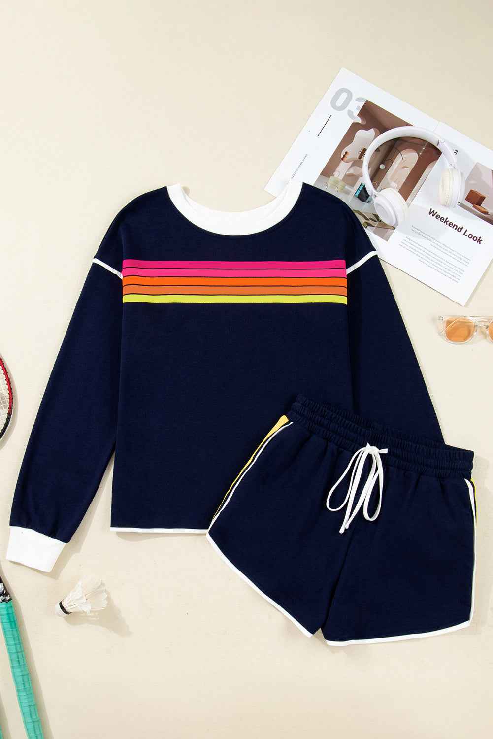 Bluing Colorful Striped Accent Varsity Long Sleeve Pullover and Shorts Matching Set 1c8d87a55426dac8