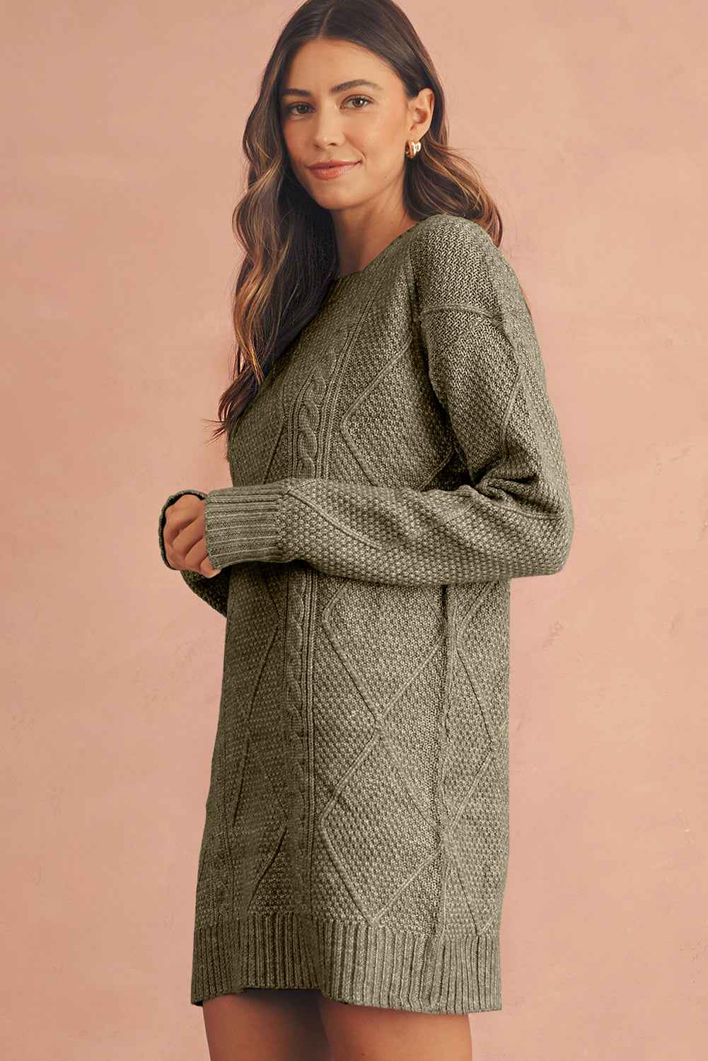Oatmeal Cable Knit Drop Shoulder Loose Fit Sweater Dress 1c8f1be979c3aba8
