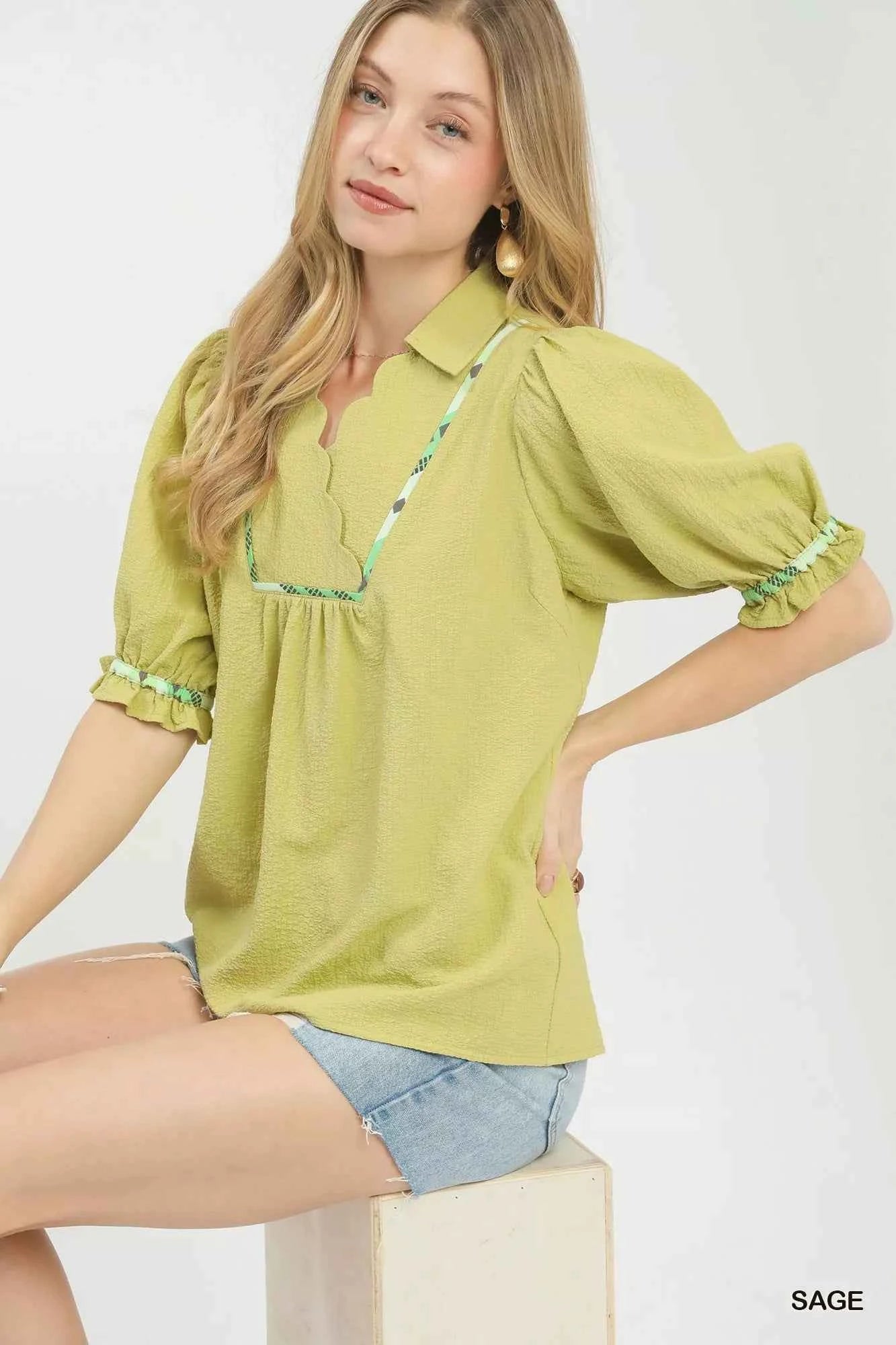 Umgee Scalloped Trim Blouse with Puff Sleeves 1c95e864-c2b6-4c63-af6b-c2c8398440c1-Max-Origin