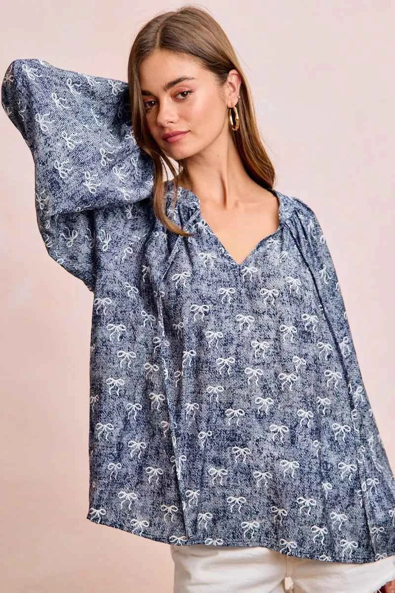 BiBi Ribbon Bow Print Exaggerated Balloon Sleeves Top 1c976972d0bf467998c2d1946f34f534-Max-Origin