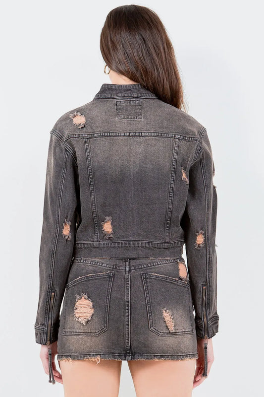 Distressed Star Stud Trim Denim Rider Jacket - Plus Size 1ca797f0-d24b-4e5f-b6f1-a296f44abf73-Max