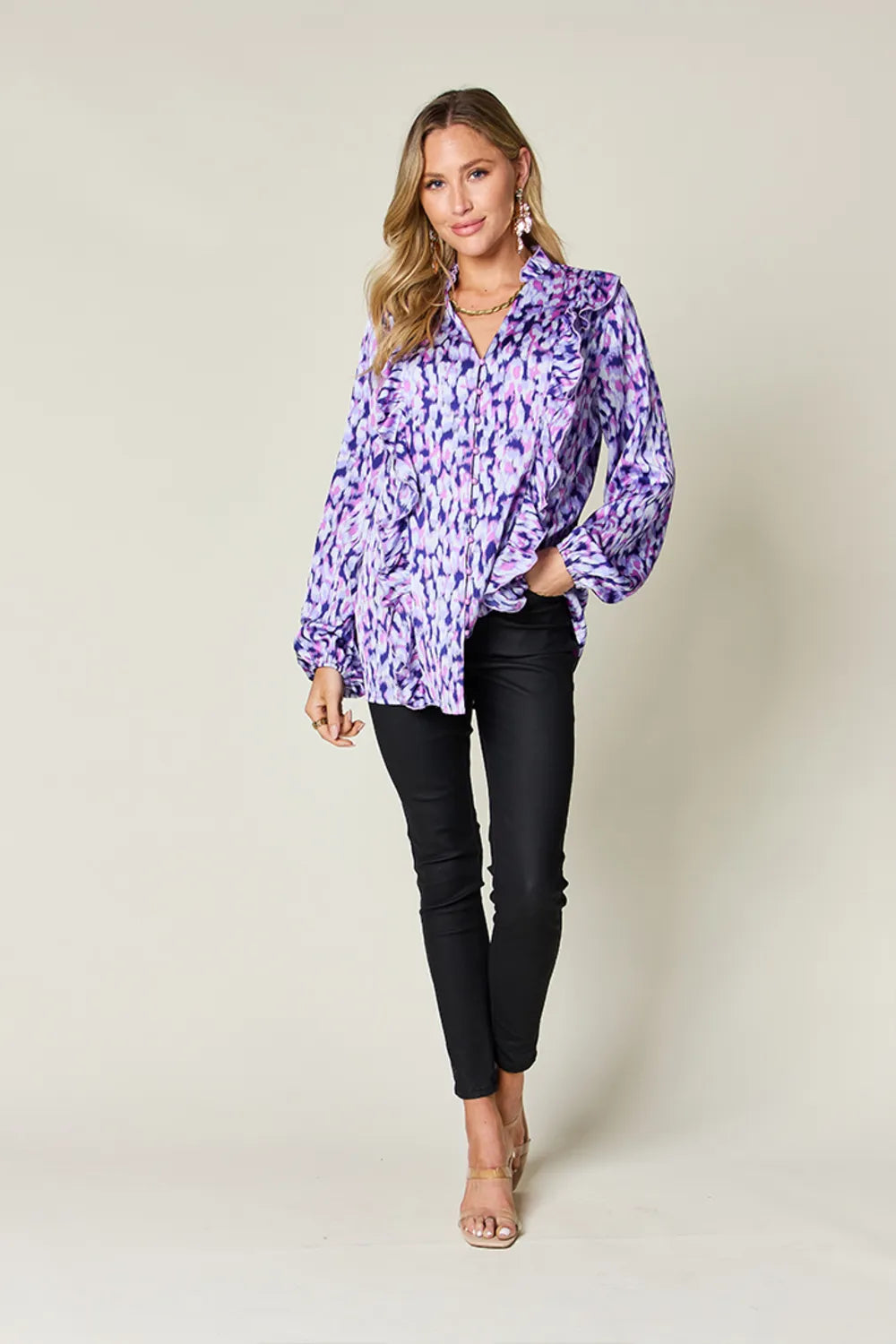 Double Take Full Size Printed Ruffle Trim Balloon Sleeve Shirt 1ca9599d-f40b-43b3-adbd-94374d02b071-Max