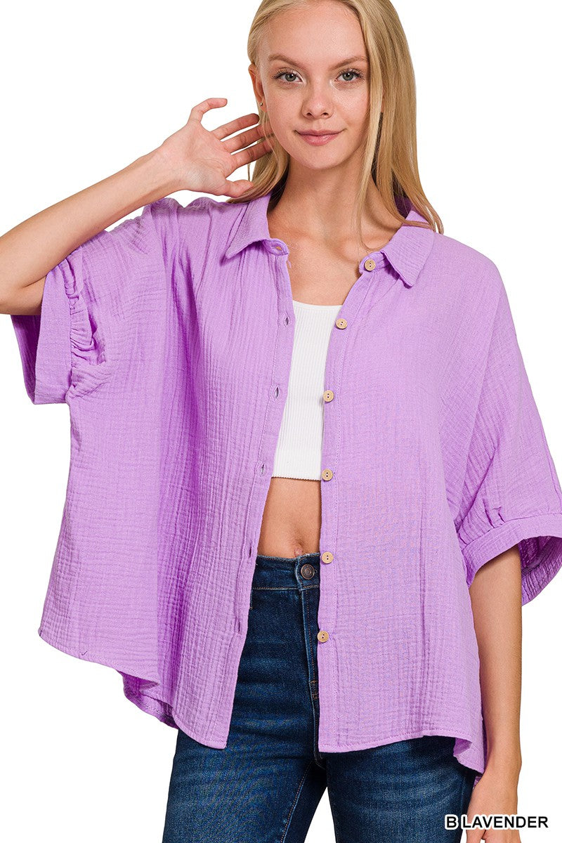 Zenana Double Gauze 3/4 Sleeve Button Up Shirt B LAVENDER 1caa4e6a66f34bdeae8d3d091f094e49-Max