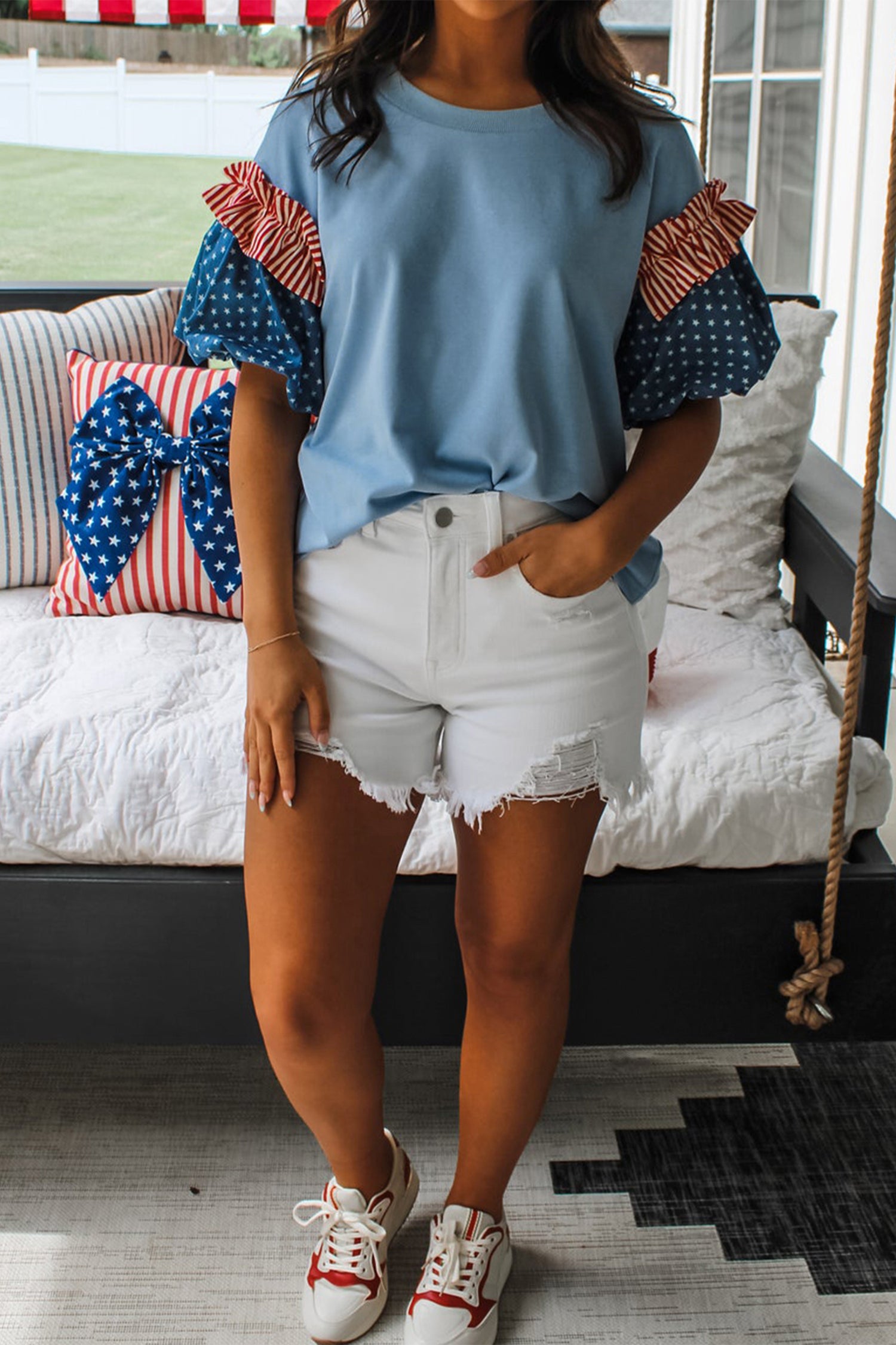 Fiery Red Stars Stripes Short Puff Sleeve Top 1cad3fb83de9aaa3