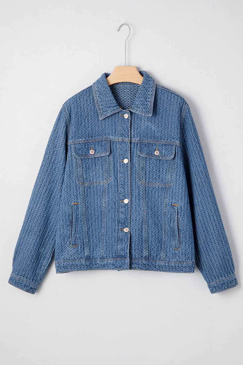 Blue Double Flap Pocket Denim Textured Button Down Jacket 1cb1571ab5e0abd2