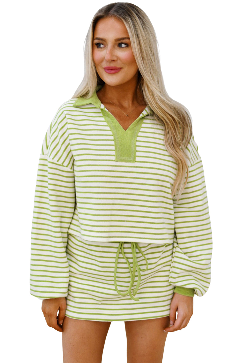 Green Striped Collared V Neck Drop Shoulder Pullover and Skirt Set 1cb1e868be272d3f