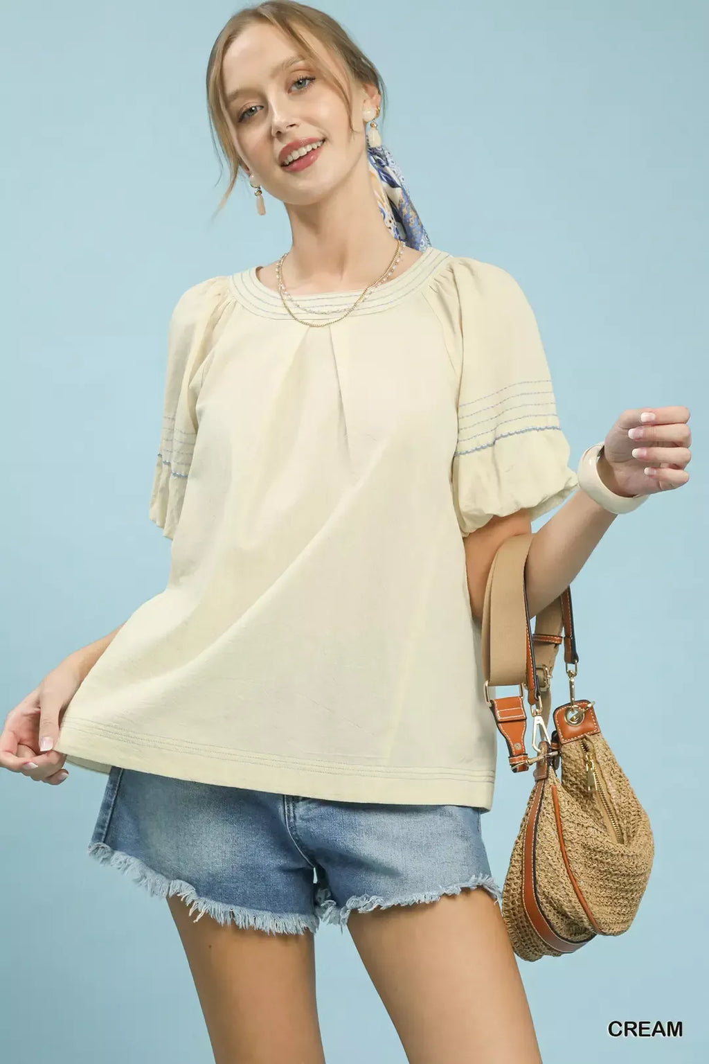 Umgee Round Neck Puff Sleeve Top with Contrast Stitch Detail CREAM 1cb5bcb2-c521-47ca-81b7-fbf51f46636d-Max-Origin