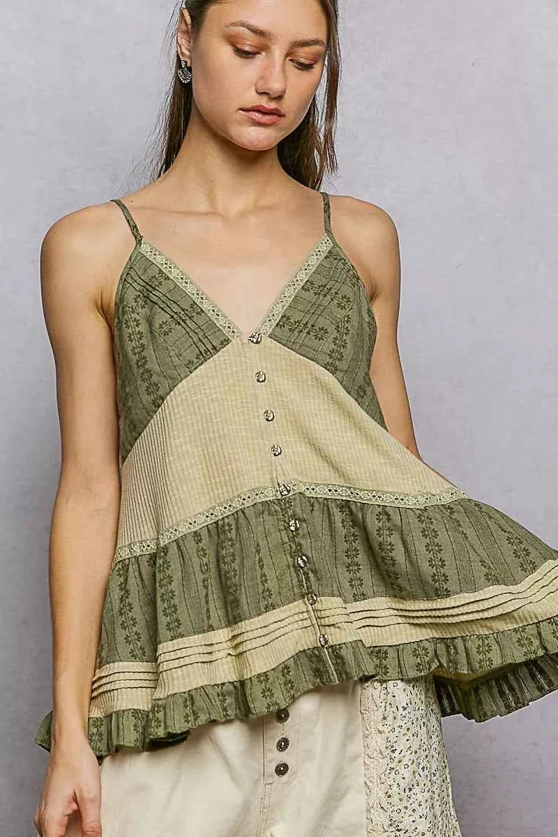 POL Button Front V-Neck Ruffled Cami with Pintuck Accents PALE SAGE 1cb638f8-1e4a-40de-823f-a791b02b8567-Max-Origin