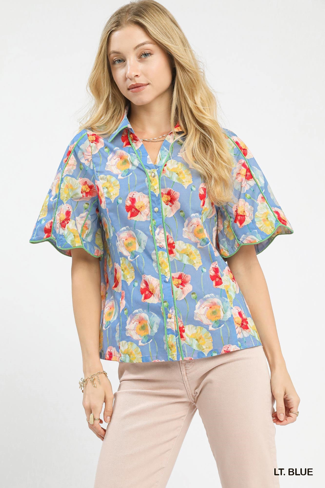 Umgee Floral Print Button-Down Blouse with Flutter Sleeves LT. BLUE 1cb86b70-ab4f-4545-9bf0-07682eb05806-Max