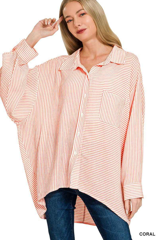 Zenana Woven Stripe Button Down Shirt CORAL 1cb92b31af924188ad9ce02a861a5d7b-Max