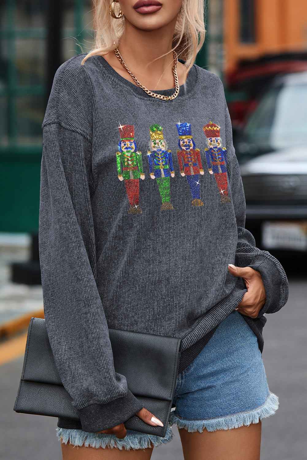 Gray Christmas Nutcracker Graphic Sequins Patch Corded Baggy Sweatshirt 1cbbcba7a5262dc7