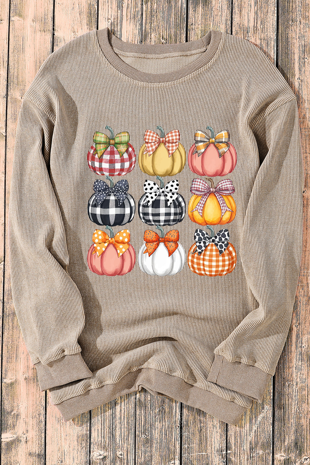Khaki Trendy Textured Bow Pumpkin Heat Transfer Printing Graphic Baggy Sweatshirt Khaki 100%Polyester 1cc33cf1dd0712e0