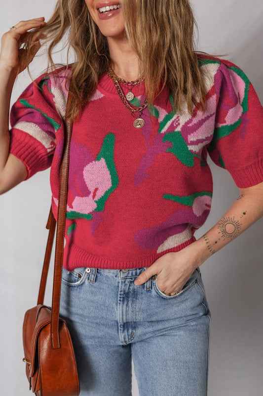 Floral Abstract Short Puff Sleeve Sweater 1cc55245-330c-4e9a-b60f-0f8b03f0761c