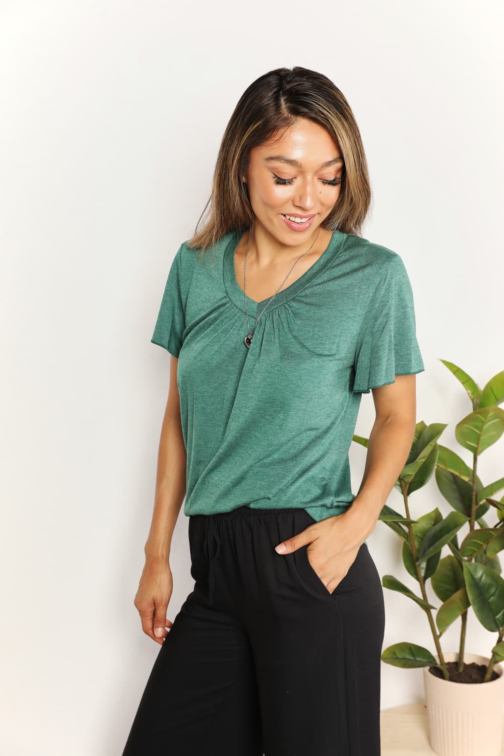 Double Take Ruched V-Neck Short Sleeve T-Shirt 1cc5f1ac8e3a4187ab576436a38850fc-Max