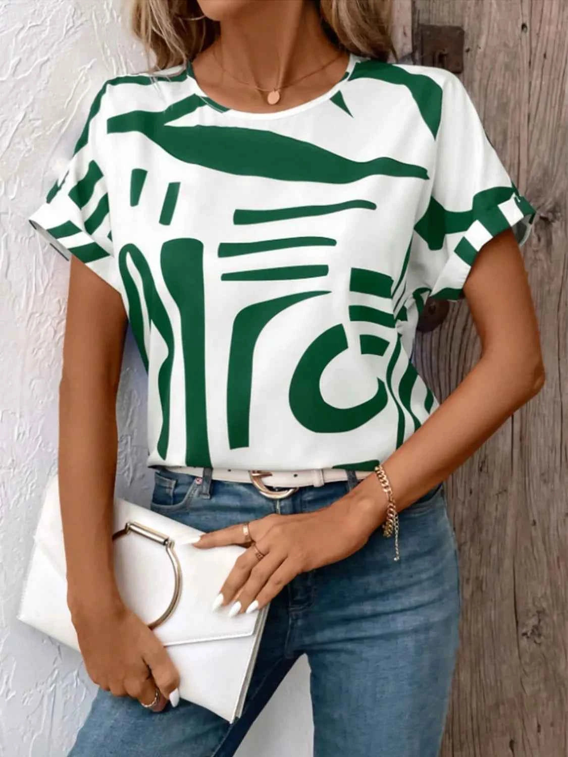 Contrast Round Neck Short Sleeve Blouse 1cc61acd-c759-4b72-b2d4-467991872e9b-Max-Origin