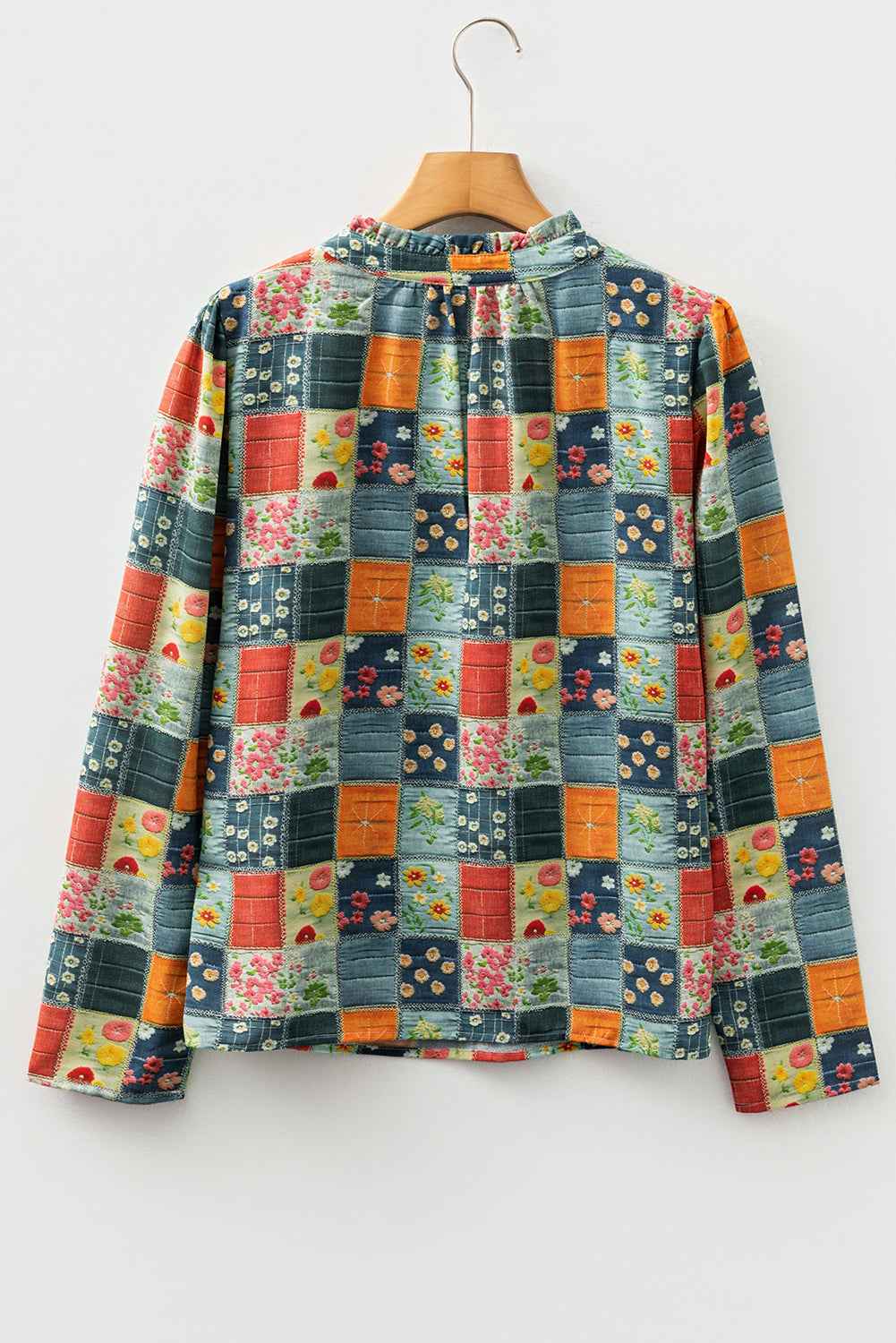 Sky Blue Fall Floral Half Placket Collared V Neck Blouse 1ccb23ea64c87426